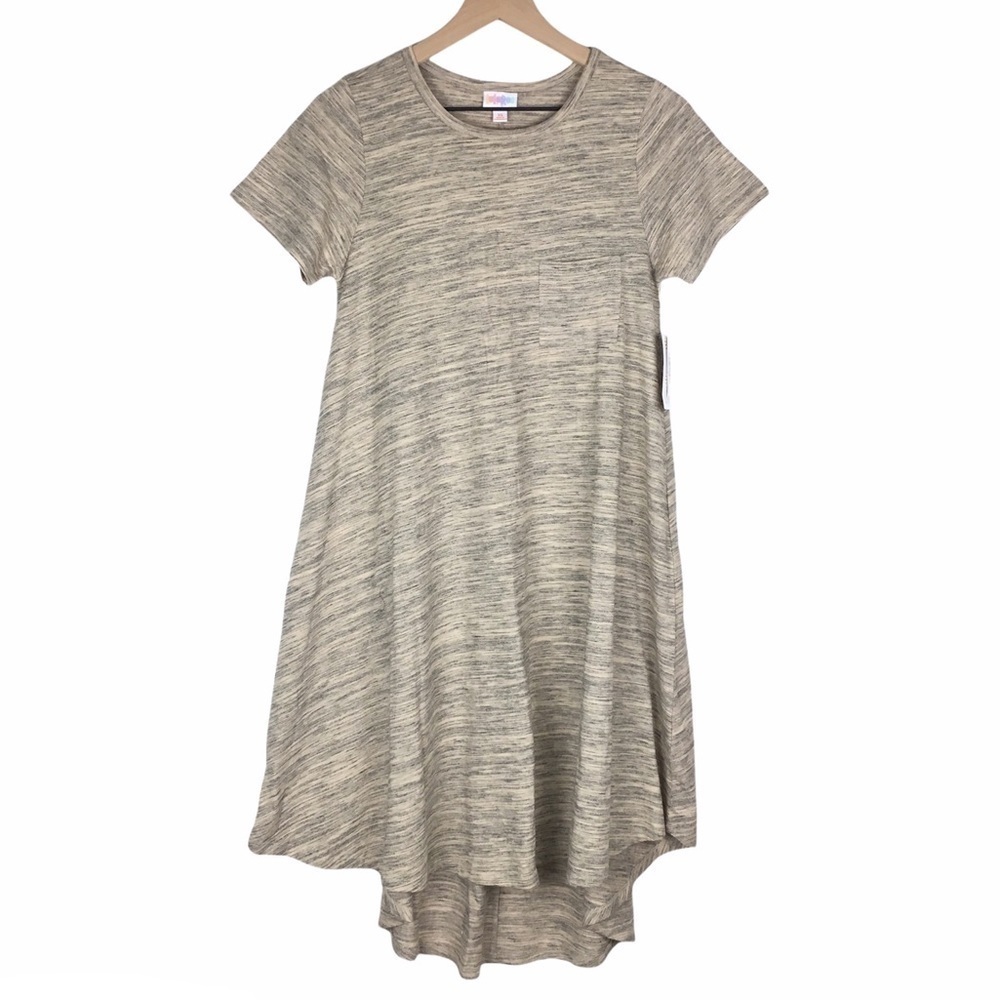 LULAROE Carly Dress Short Sleeve Hi Lo Hem Heathered Swing Lagenlook Modest XS